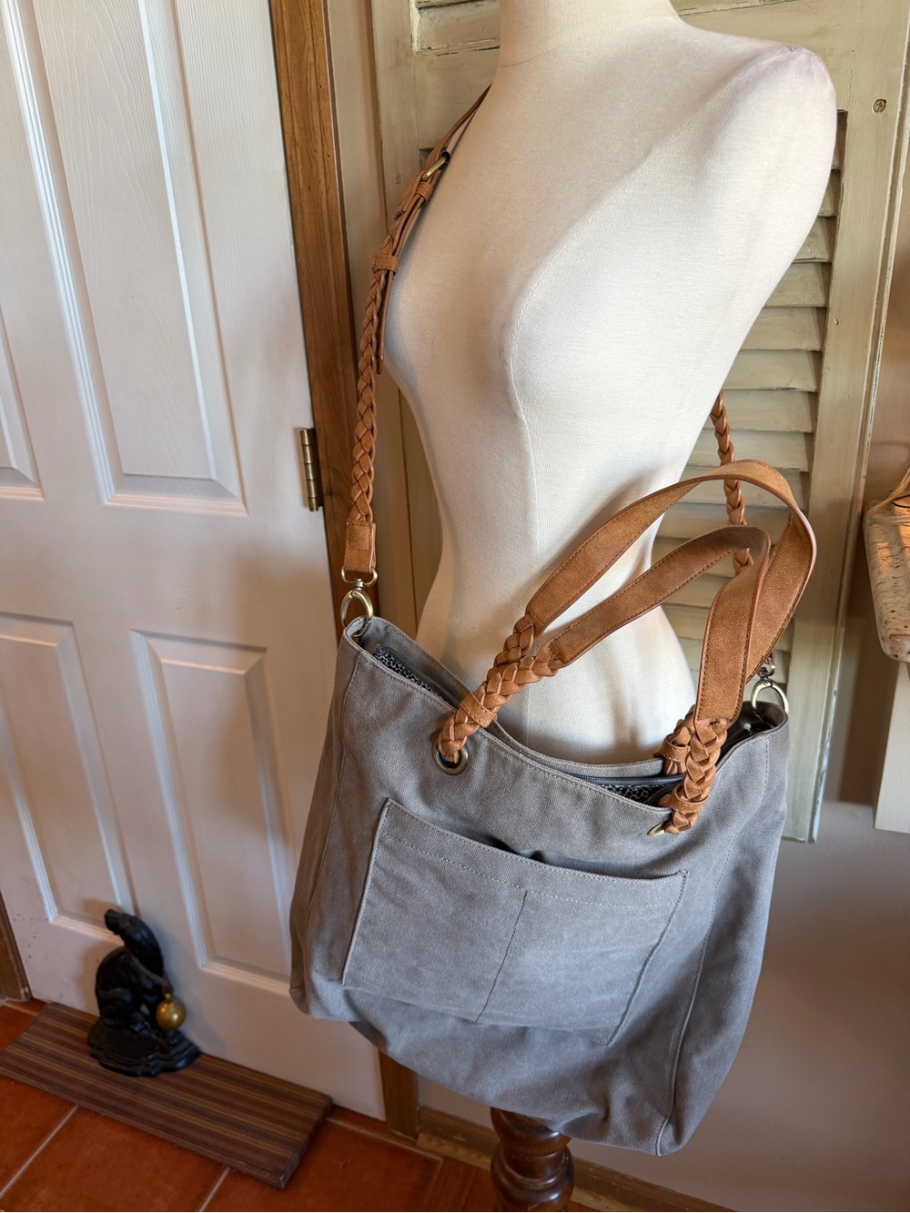 Canvas Tote Bag with Braided Leather Straps - Gray measures 19x15” 💜🧚🏻